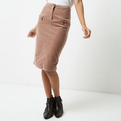 Dusty pink cord zip pocket midi pencil skirt